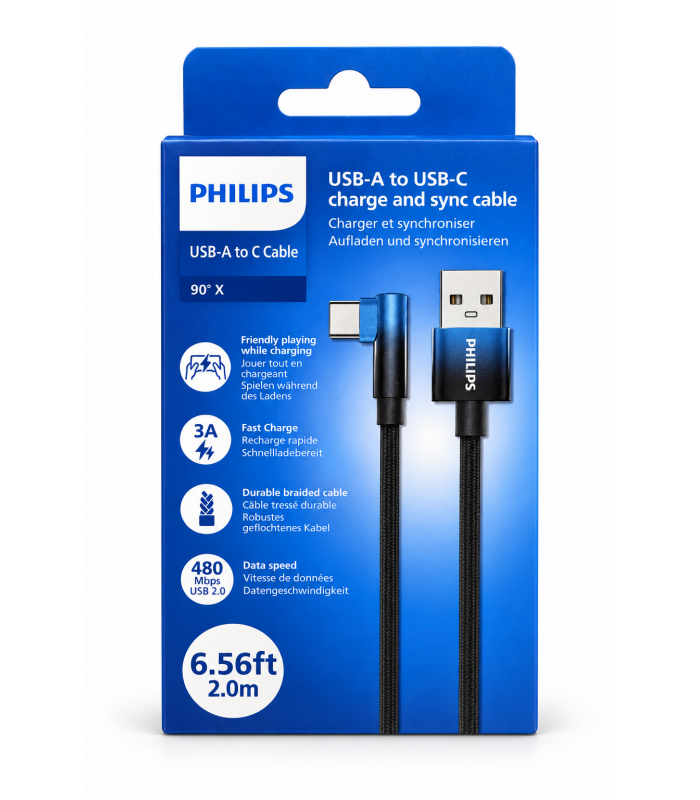 Philips Câble USB-A vers USB-C tressé noir 2 m, charge rapide 3 A, connecteur coudé à 90°