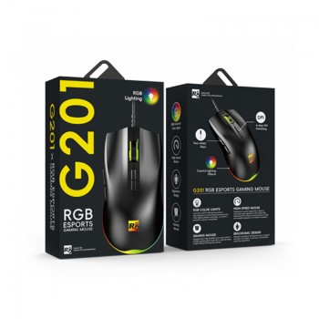 R8 G201 – Souris gaming filaire USB 2.0 avec éclairage RGB, 17 modes, 7 boutons, 7500 DPI – Noire