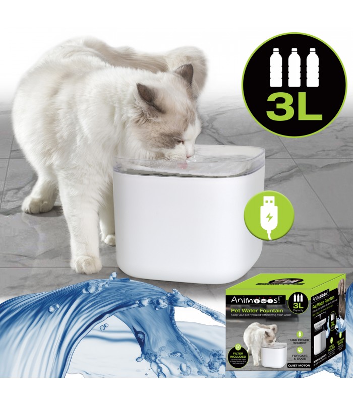 Animooos Fontaine à eau automatique pour animaux avec filtre 3L - 7,1 x 7,1 x 6 po.