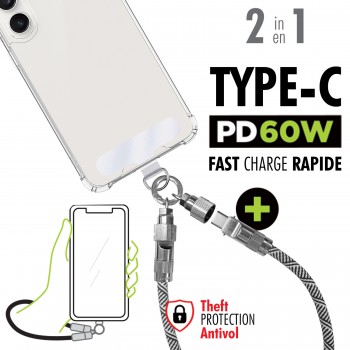 Boost Câble de données 2 en 1 30cm Type C à Type C à charge rapide PD 60W avec sangle