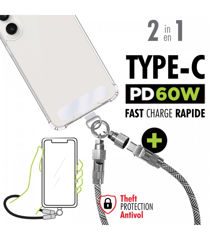 Boost Câble de données 2 en 1 30cm Type C à Type C à charge rapide PD 60W avec sangle