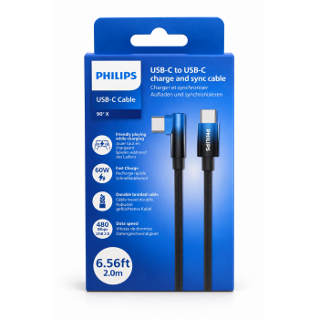 Câble Philips USB-C vers USB-C tressé Noir et Bleu de 2 m – Charge rapide 60 W
