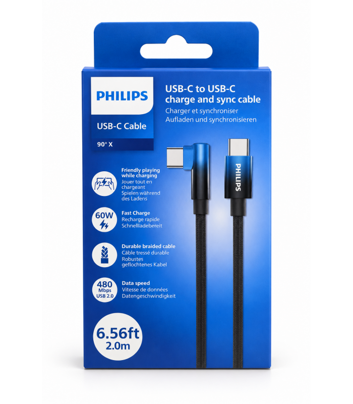 Câble Philips USB-C vers USB-C tressé Noir et Bleu de 2 m – Charge rapide 60 W