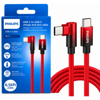 Câble Philips USB-C vers USB-C tressé rouge de 2 m – Charge rapide 60 W