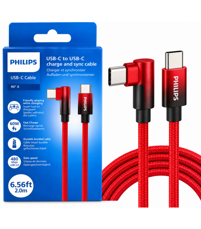 Câble Philips USB-C vers USB-C tressé rouge de 2 m – Charge rapide 60 W Câble Philips USB-C vers USB-C tressé rouge de 2 m – Charge rapide 60 W