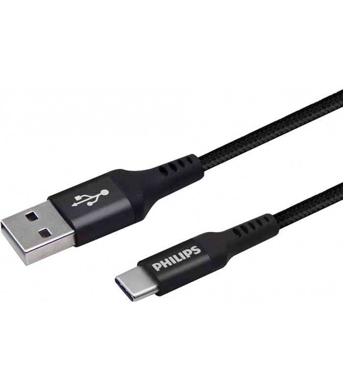 PHILIPS DLC5206A/00 - Câble USB A vers USB-C - 200 cm - Câble de Charge tressé - Noir