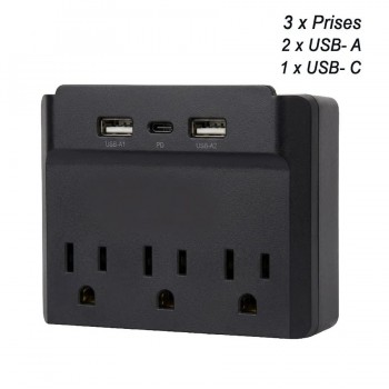 PureVolt Adaptateur mural à 3 prises et 3 ports USB A/C - 490 J - 125 V - 15 A - Noir