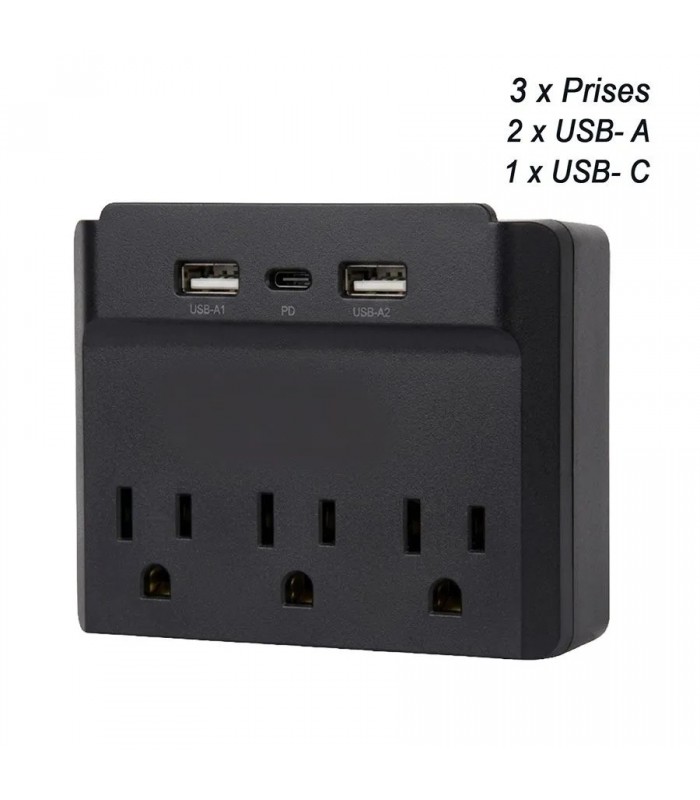 PureVolt Adaptateur mural à 3 prises et 3 ports USB A/C - 490 J - 125 V - 15 A - Noir PureVolt Adaptateur mural à 3 prises et 3 ports USB A/C - 490 J - 125 V - 15 A - Noir