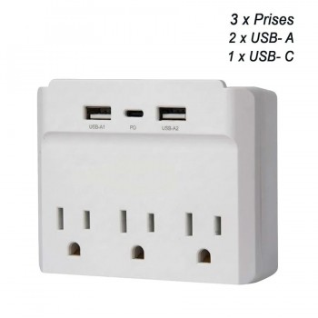 PureVolt Adaptateur mural à 3 prises et 3 ports USB A/C - 490 J - 125 V - 15 A - Blanc