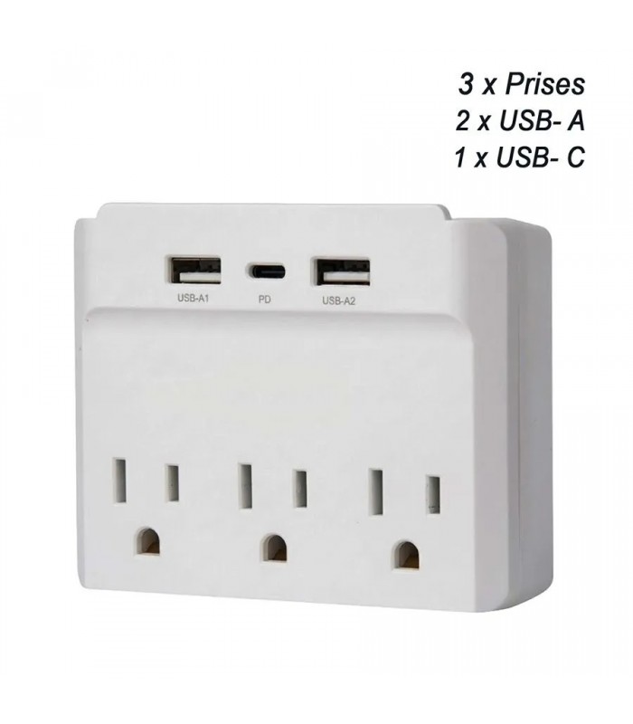 PureVolt Adaptateur mural à 3 prises et 3 ports USB A/C - 490 J - 125 V - 15 A - Blanc