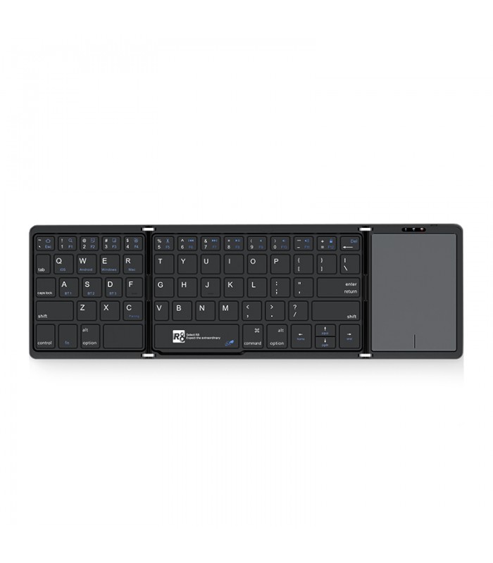 R8 GT302 Clavier portable Bluetooth sans fil pliable ultra-mince à 64 touches avec pavé tactile, interrupteurs à ciseaux et batterie rechargeable – Noir