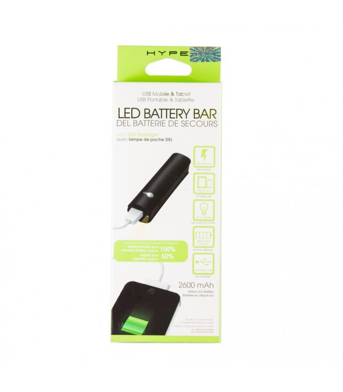 Chargeur de batterie USB Hype 2600 mAh avec lampe de poche DEL