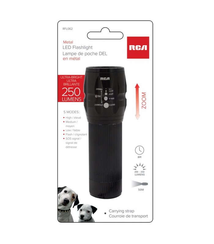 RCA Lampe de poche tactique DEL avec Zoom 250 Lumen