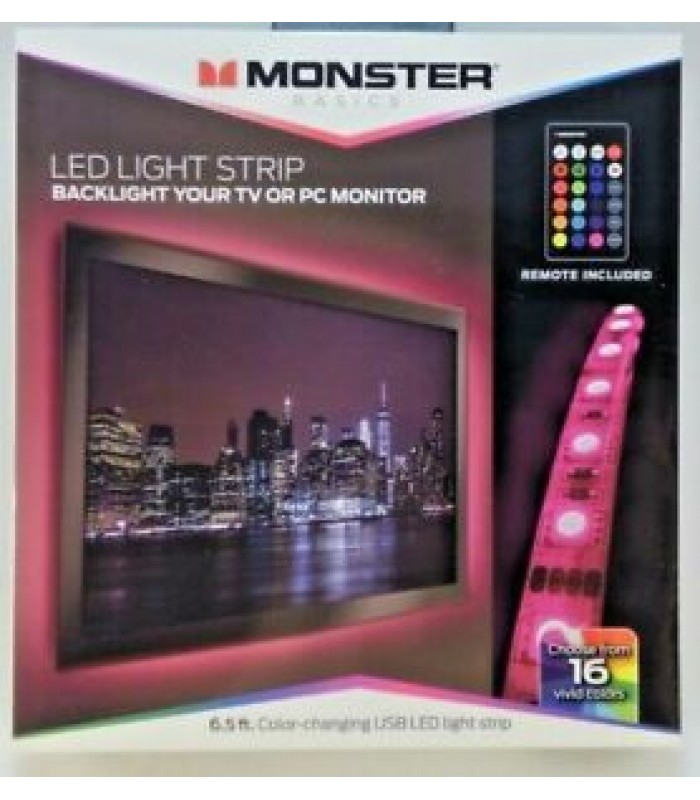 Monster Cable Basics Bande Lumineuse Led 6.5 pi. avec télécommande 16 Couleurs USB