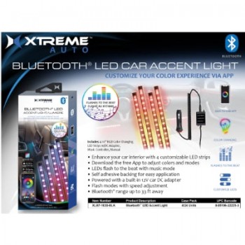 Xtreme Cable Smart Car LED Strips that Sync to Music - Bluetooth - RGB - Pack of 4