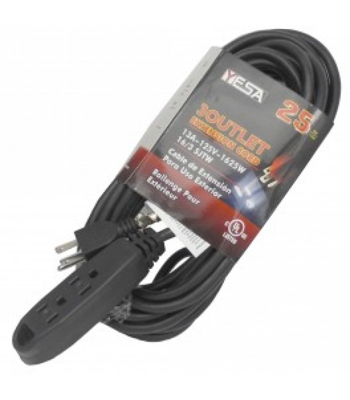 Yesa CA1032 3 Outlet Outdoor Extension Cords 25 ft. - Black