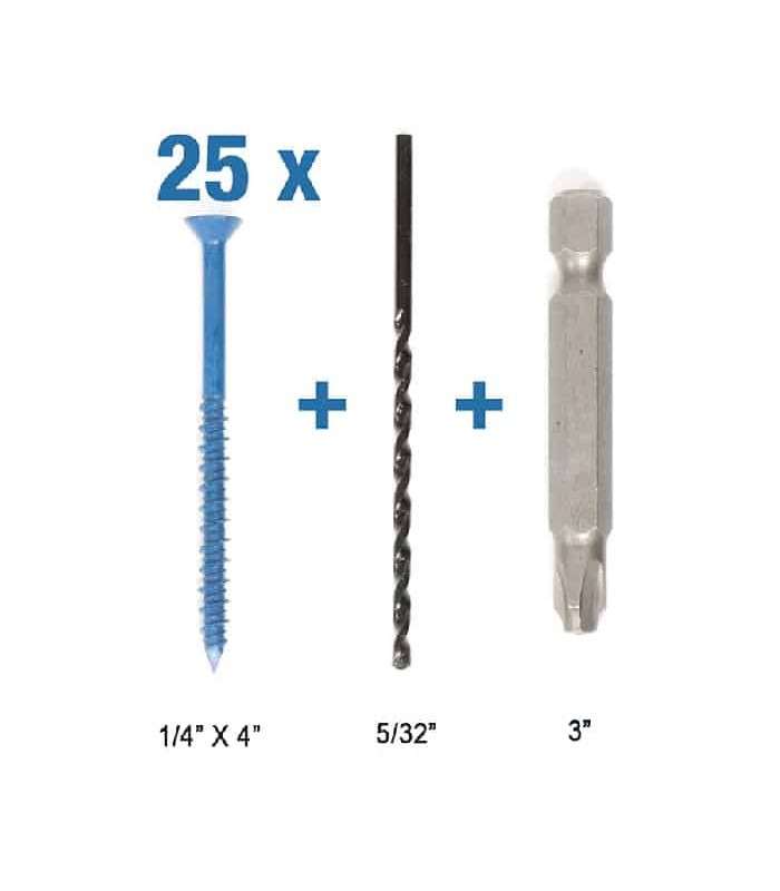 CobraTap Paquet de 25 vis à béton à tête plate 1/4 po x 4 po + mêche à forage et douille