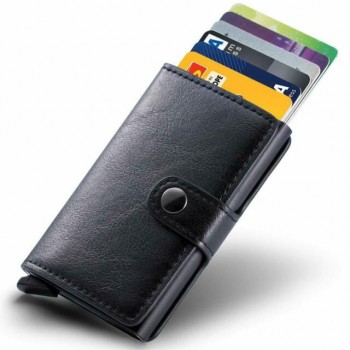 Étui en aluminium pour cartes de crédit avec porte-monnaie escamotable en cuir