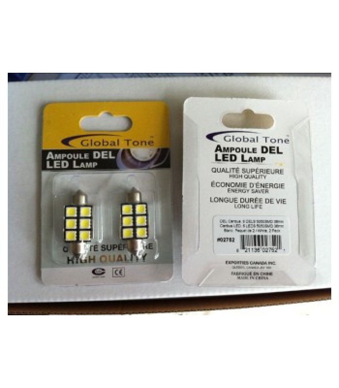 Global Tone DEL Canbus, 6 DELS 5050SMD 36mm, Blanc, Paquet de 2