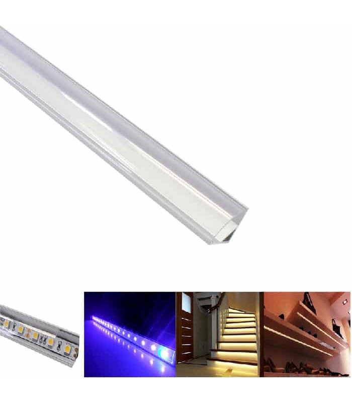 Rail de coin 45° en aluminium pour bande de lumière DEL - Couvercle transparent - 15 mm X 1 m