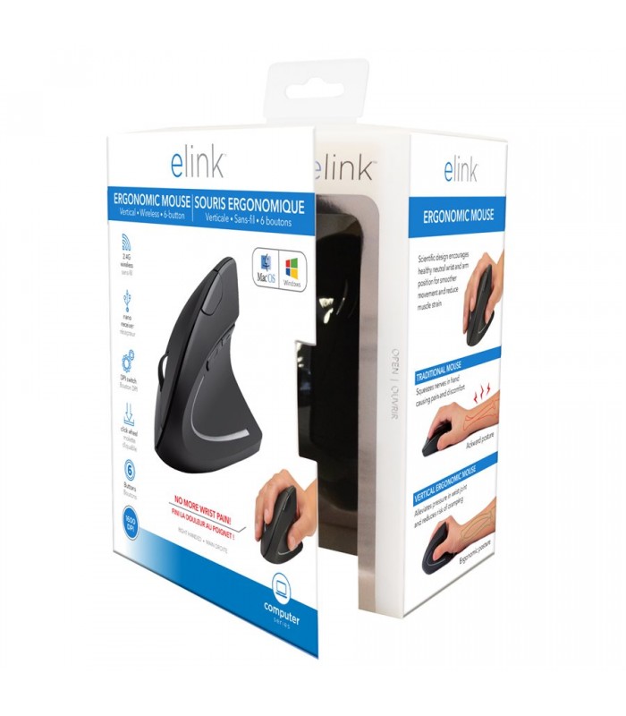 eLink Souris ergonomique verticale sans fil 2,4 GHz à 6 boutons avec DPI réglable