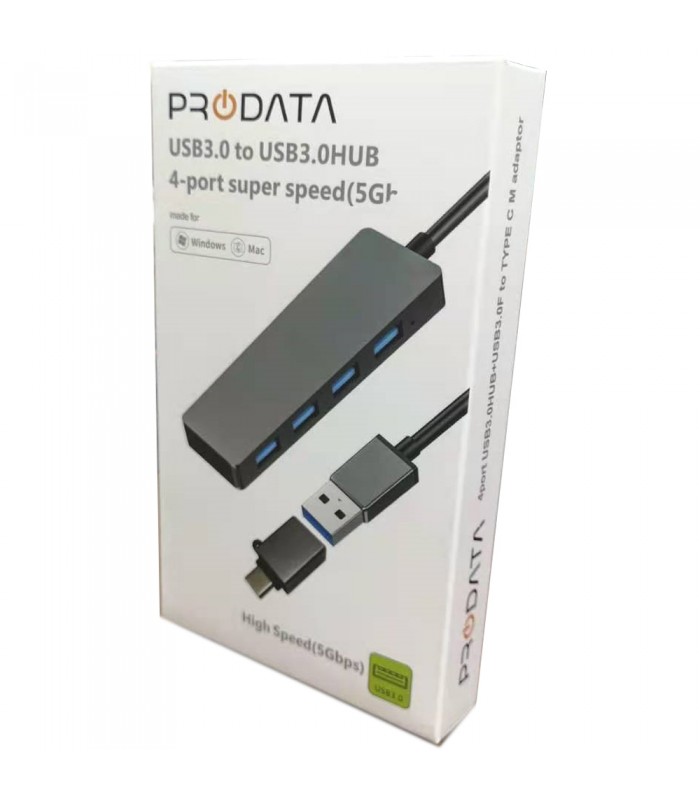 Prodata USB 3.0 vers 4 x ports Concentrateur en aluminium USB 3.0 avec adaptateur d'extension USB-C pour PC et Mac