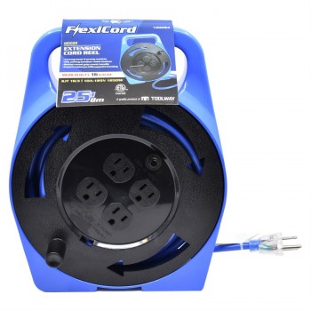 FlexiCord Cassette d'enrouleur de cordon avec câble SJT 16/3 de 25 pieds 4 prises de terre et disjoncteur 10 A