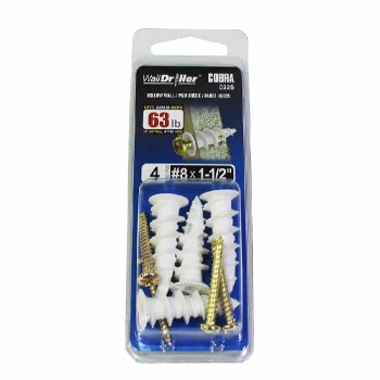 Cobra Anchors Self Drilling Nylon Anchor with Gold Plated Screw for Drywall Cavity Wall - #8 x 1-1/2 in - Pack of 4