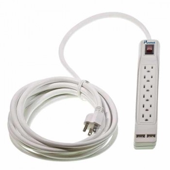 PureVolt 6 Outlet Power Bar with 2 USB Ports - 125V - 15A - White - 4.6 Meters