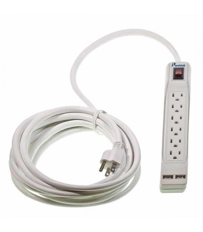 PureVolt 6 Outlet Power Bar with 2 USB Ports - 125V - 15A - White - 4.6 Meters