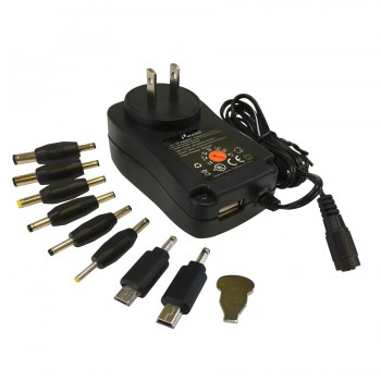 PureVolt 3-12V/2.5A Power Adapter with 8 Connectors and 5V/1A USB Port