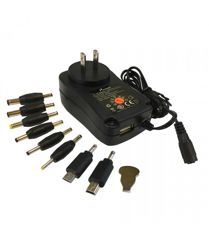 PureVolt 3-12V/2.5A Power Adapter with 8 Connectors and 5V/1A USB Port