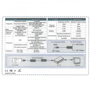 Neat Tek Balun vidéo passif pour HD-TVI/CVI/AHD/CVBS - 1 canal - 3/4/5 MP