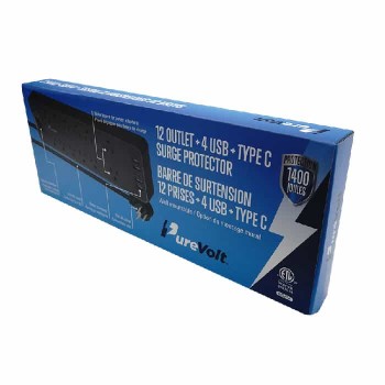 PureVolt 12-Outlet Power Bar with 4 USB Ports and 1 USB-C Port - 125 V - 10 A - Black