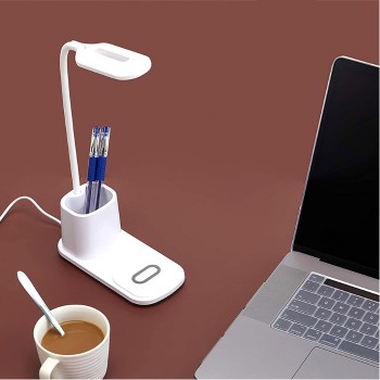 PowerDEL Lampe de bureau DEL avec porte-crayon et chargeur QI sans fil - Blanc