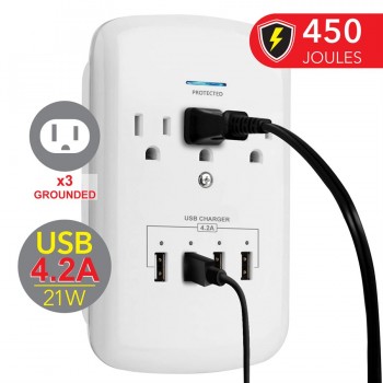 eLink 4 ports USB, 4.2A, 3 sorties parasurtenseur mural 450J