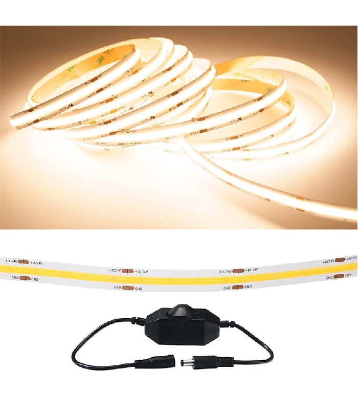 Ason Decor Flexible COB LED Strip with Dimmer - 24 V - 320 DEL/m - IP20 - 3000 K - 5 meters