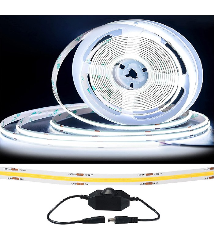 Ason Decor Flexible COB LED Strip with Dimmer - 24 V - 320 DEL/m - IP20 - 6000 K - 5 meters