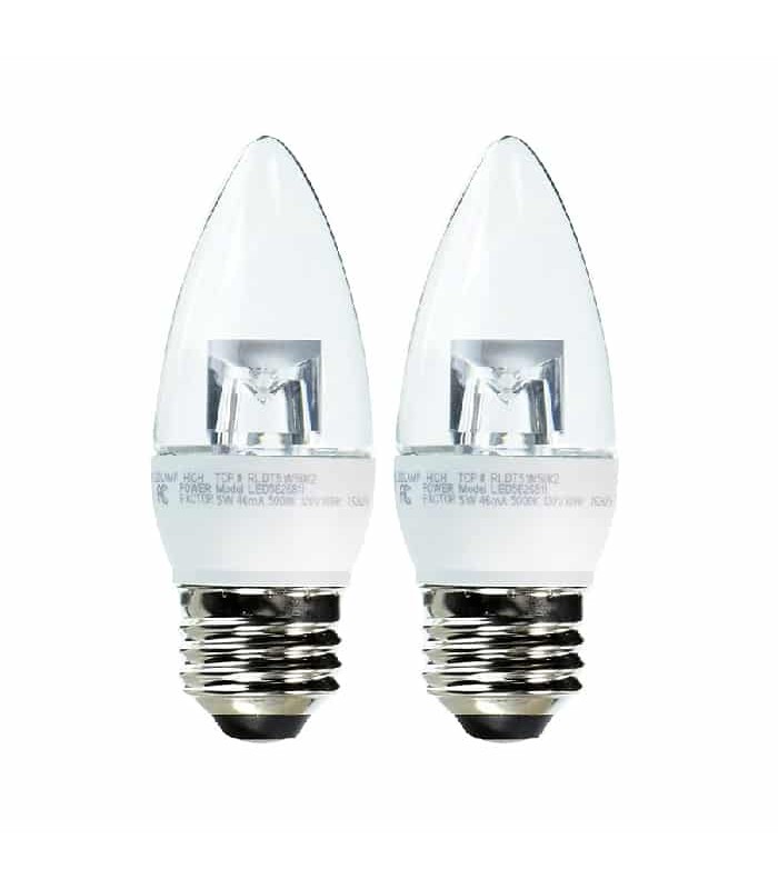 B11 Dimmable LED Bulb - 120V - 5W - E26 - 5000K - Pack of 2