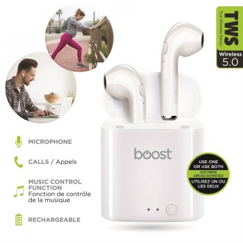 Boost Écouteurs stéréo sans fil TWS avec station de charge et microphone