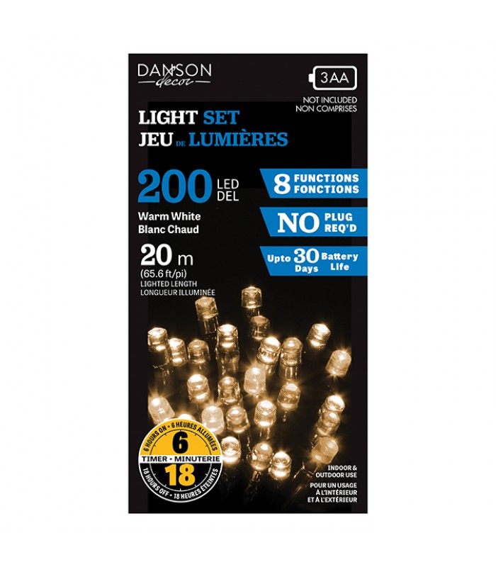 Danson Decor Cordon de lumières DEL Blanc Chaud - 200 DEL - Intérieur/Extérieur - 20 m