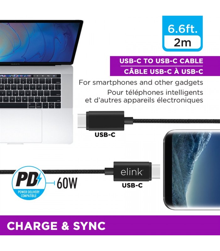 eLink 6.6 ft Type-C to Type-C High Power Delivery fast charging cable