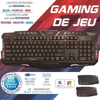 eLink Clavier de Jeu éclairé Rouge - Mauve - Bleu