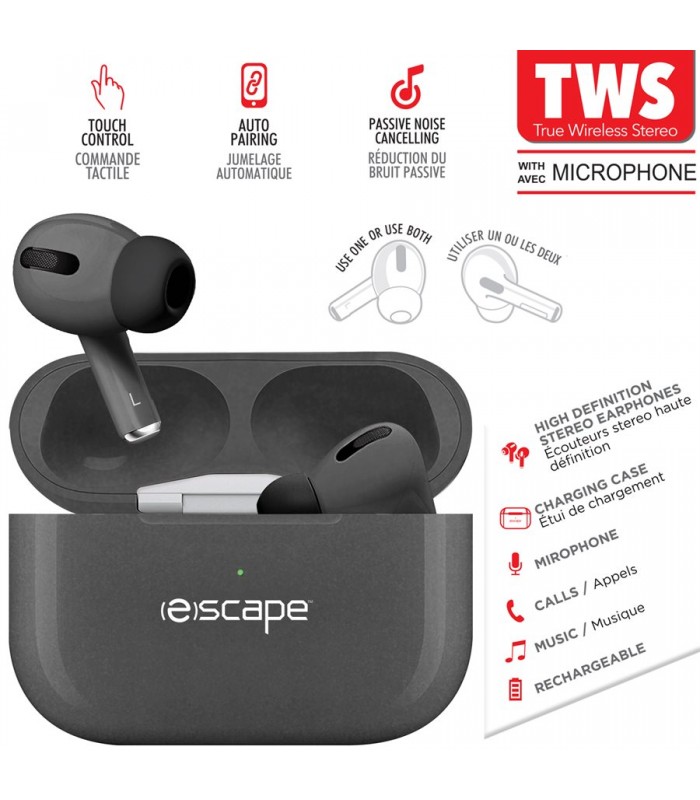 ESCAPE Écouteurs stéréo sans fil TWS avec station de charge et microphone, charbon métallique