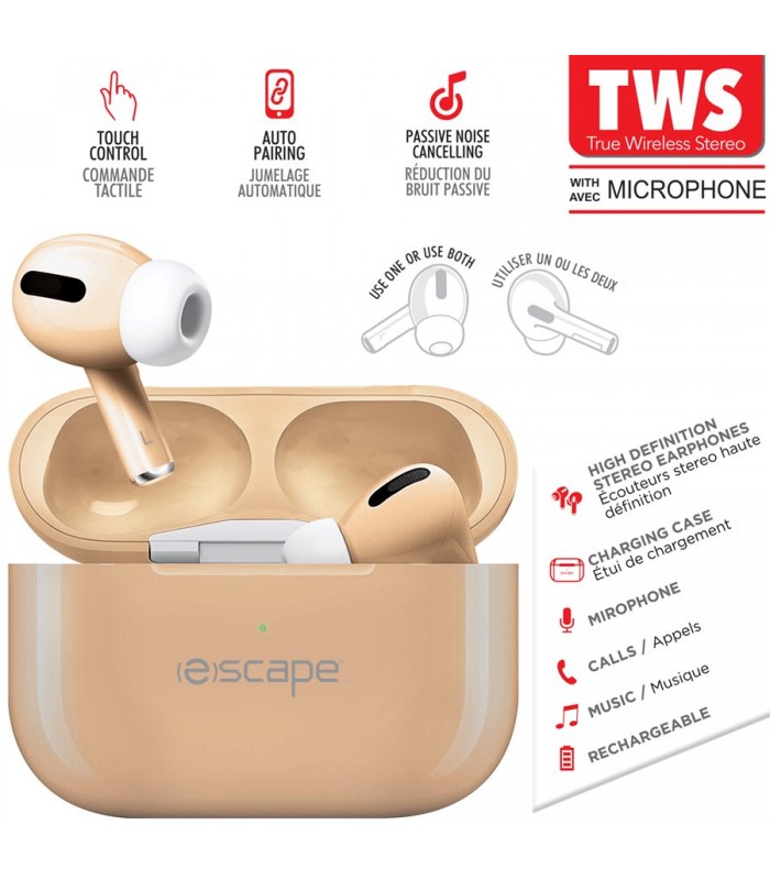 ESCAPE Écouteurs stéréo sans fil TWS avec station de charge et microphone, Or métallique