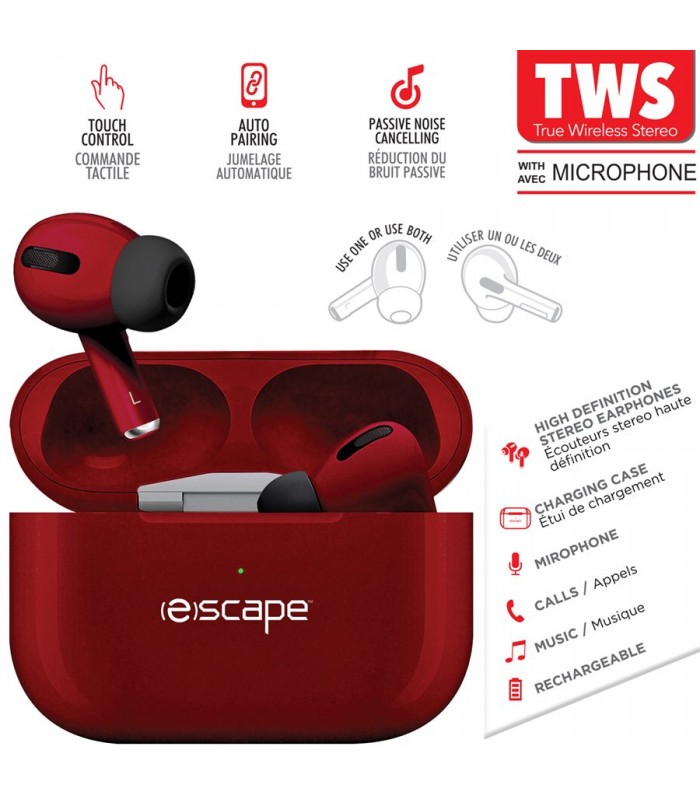 ESCAPE Écouteurs stéréo sans fil TWS avec station de charge et microphone, Rouge métallique