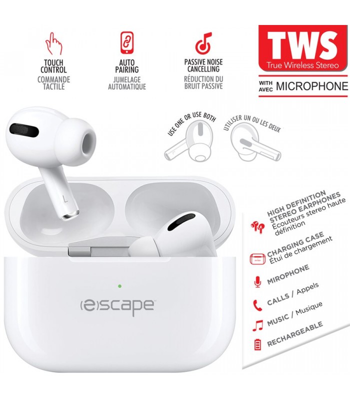 ESCAPE Écouteurs stéréo sans fil TWS avec station de charge et microphone, Blanc