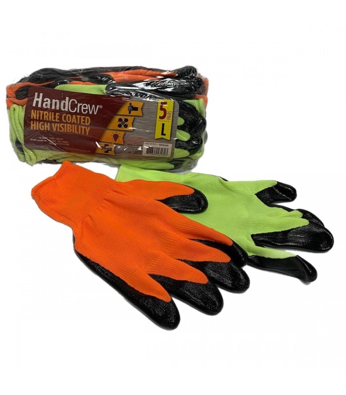 HandCrew Nitrile Coated High Visibility Gloves Large - 5 Pairs