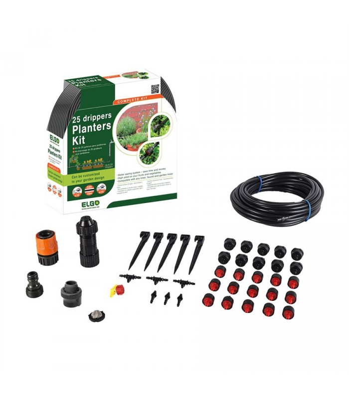 Kit de goutteur d'irrigation pour jardinières et pots pour 25 jardinières avec 15 poteaux en ligne et 10 terminaux