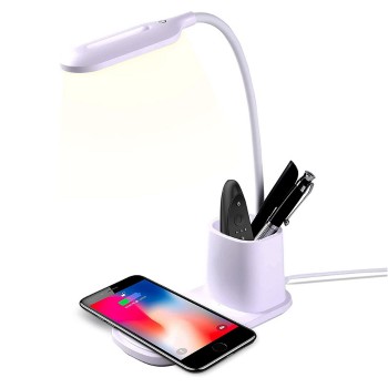 PowerDEL Lampe de bureau DEL avec porte-crayon et chargeur QI sans fil - Blanc